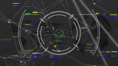 HUD çöküyor, yarım daire çiziyor, sürüklenen harita örgüsü ve piyasa eğilimlerini gösteren titreşen arızalar. Futuristik, dijital, teknoloji, arayüz, bağlantı, ağ, siber