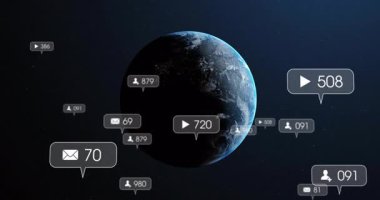 Dünya dönüyor, çarpışma baloncukları süzülüyor güncelleniyor, küresel etkileşimin izini sürüyor. Gezegen, evren, dijital, bağlantı, yenilik, veri, teknoloji