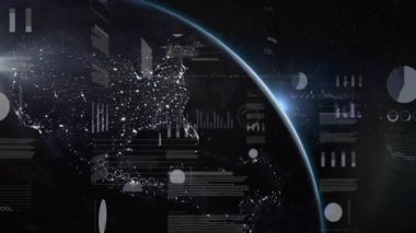 Güneş parlayan ufuklar Dünya 'yı kıvılcımlandırıyor ve uzayda güncellenen sürüklenen finans haritaları. Küresel, veri görselleştirme, fütüristik, teknolojik, göksel, analitik, dijital
