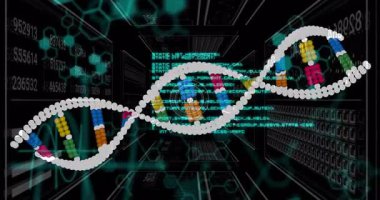 Beyaz boncuklu DNA sarmalı sola giriyor. Haritalamayı başlatıyor. Kod ve nabız arayüzü ile dönüyor. Biyoteknoloji, dijital, geleceksel, yenilik, siber güvenlik, bilim, veri