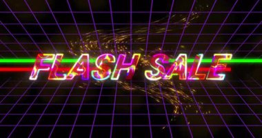 Neon harfler titreşiyor ve FLASH satışı desteklemek için kıvılcım saçan parçacıklar şeklinde hizalanıyor. Neon, gelecekçi, dinamik, canlı, görsel efektler, dijital, reklam