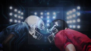 Futbolcular ışıkların altında karşı karşıya. Hedefleme ölçer darbesi için HUD kaplamaları ekliyorlar. Sporcular, yarışma, dijital arayüz, spor teknolojisi, stadyum, yoğunluk, takım çalışması