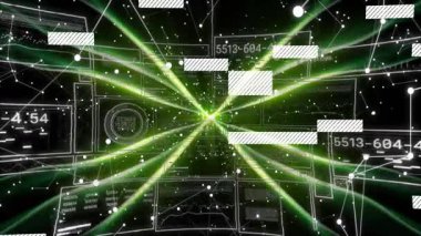 Ortadaki yüzen panellerden yayılan neon yeşil ışınlar veri akışını gösteren titreşimli kodlar. Fütürist, dijital, soyut, teknoloji, veri, görselleştirme, siber