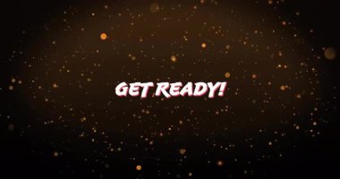 Yükselen hazır ol! Parlayan parçacıklar karanlık zeminde sürüklenirken metin oluşturma belirsizliği. Tipografi, hareket grafikleri, kozmik, animasyon, gerilim, dramatik, fütürist