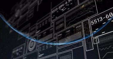 Mavi yay süpürme görüntüsü dijital panelleri etkinleştirir, canlı yörünge verilerini görüntüler. Uzay, teknoloji, veri görselleştirme, fütürizm, dijital arayüz, evren, simülasyon