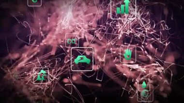 Arkaplan yeşil simgelerin pembe patikaların üzerinde kümelenerek açılması, salınımları gösterirken sürüklenmeleri. Sürdürülebilirlik, yenilik, ekoloji, dijital, fütüristik, enerji, çevre