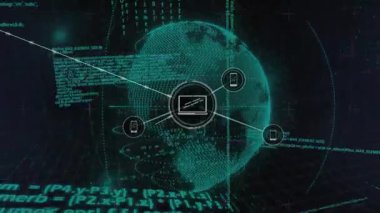 Ağ ağını gösteren aygıt simgeleri bağlanırken koyu deniz mavisi şebeke kodu dünya oluşmaya başlıyor. Teknoloji, bağlantı, siber alan, yenilik, dijital, ağ, veri