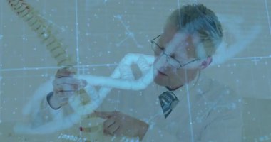 Tıbbi bilimadamları omurgayı kavrayıp diskin izini sürerken DNA sarmalı genetik bağlantıyı gösteriyor. Anatomi, biyoteknoloji, tıbbi araştırma, bilim, eğitim, dijital alarm, yenilik