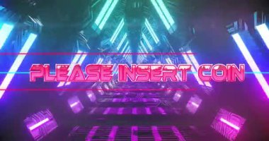 Kırmızı titreşimli kırmızı metin başlatılıyor. Lütfen INSERT COIN Tarama çizgisi ile neon tüneli soluyor. Fütürist, siber punk, neon, teknoloji, sürükleyici, soyut, dijital