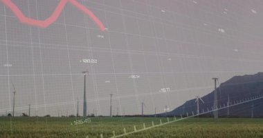 Türbinlerin üzerinden beliren ızgara aşağı doğru giden kırmızı grafik enerji eğilimlerini gösteriyor. Yenilenebilir, veri görselleştirme, sürdürülebilirlik, çevre dostu, analitik, çevre, modern