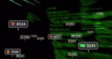 Kırmızı raptiyeler ve sohbet simgeleri başlatılıyor, alarm zilleri yüzen çerçeve ölçüleri. Siber güvenlik, veri görselleştirme, dijital altyapı, ağ analizleri, teknoloji, arayüz, soyut