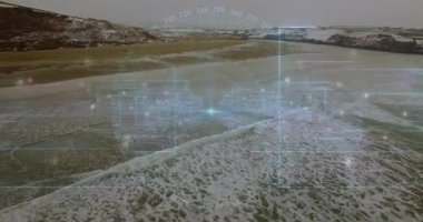 Analiz için köpüklü sörf haritası çıkartırken kıyı şeridini aktifleştirip süpürüyor. Hava, kıyı şeridi, veri görselleştirme, okyanus, araştırma, navigasyon, coğrafi