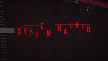 Şebekeden süzülen kırmızı harf parçaları üzerine, SİSTEM HACKED sinyal ihlali için oluşuyor. Siber güvenlik, dijital, veri sızıntısı, teknoloji, hackleme, fütürist, arayüz