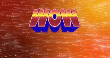 Kırmızı-turuncu gradyan çizgilerle açılıyor. 3D WOW başlıyor, beyazdan kırmızıya kayıyor. Canlı, fütüristik, enerjik, hareket, soyut, dijital, multimedya