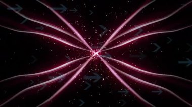 Parıltılı siyah bir boşlukta açılıyor, pembe çizgiler doğuya sürüklenen gri oklar gibi sallanıyor. Soyut, neon, fütürist, dijital, hareket, dinamik, bilim kurgu