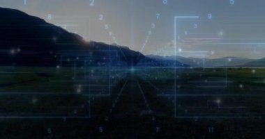 Alacakaranlık Vadisi 'ni keserek üç boyutlu veri ağına ayrılan şebeke numaralarını oluşturma işlemini başlatın. Kırsal, manzara, dijital, teknoloji, fütürizm, görselleştirme, ağlar