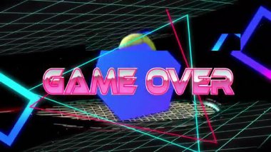 Tenis topunun neon beşgenin arkasına düşmesi, dönen karelerden sekmesi, oyun bitti. Fütürist, dijital, soyut, enerjik, hareketli, geometrik, neon