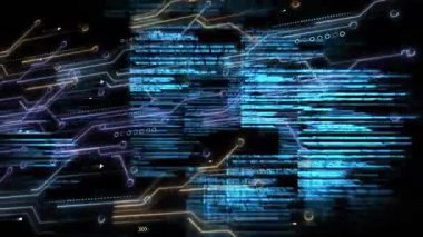 Boşluğun açılmasında, neon kümeleri ve devre yolları veri akışını gösteren reformasyon arızaları gösteriyor. Siber uzay, dijital alarm, geleceksel, teknoloji, animasyon, soyut, veri