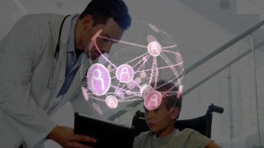 Doktor tableti tıklatıyor ve tıbbi danışmanlık için sandalyedeki çocuğun yanına ağ küresi yerleştiriyor. Teletıp, sağlık, dijital, yenilik, asistan, tanı, fütüristik