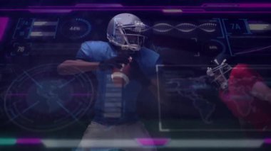 Defansta hücum eden oyun kurucu AR spor analizinde horoz kolu, ölçü artışı olarak savunma müdahalesi. Analizler, simülasyon, spor, teknoloji, rekabet, strateji, görselleştirme