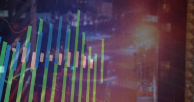 Sönen ızgara yeşil çubukları başlatıyor ve kırmızı çizgiyle yer değiştiriyor, pazar eğilimlerini görselleştiriyor. Analizler, bilgi grafikleri, veri görselleştirmesi, dijital sanat, finans teknolojisi, şehir sahnesi, modern tasarım