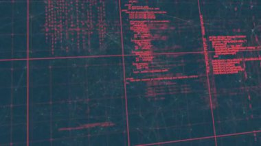 Magenta ızgarası açılışı veri gösteren parçacıklar ile kaydırma ve kaybolma kodunu tetikler. Gelecek, teknoloji, soyutlama, siber, veri, arayüz, dijital