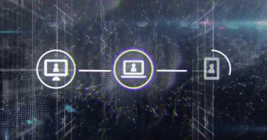 Görüntü simgesinin somutlaştırılması dizüstü bilgisayar ve telefon daireleri oluşturma ve bağlantı darbelerini tetikliyor. Teknoloji, bağlantı, dijital, siber alan, yenilik, ağ oluşturma, gelecekçi