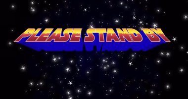 3D metin lütfen Starfield 'da görünerek, değişken sinyalleri beklemeye alın. Kozmik, fütüristik, ortam, dijital, aydınlık, animasyon, göksel