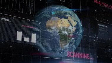 UI panelleri Dünya üzerinde dönen tarama sürüşü, analiz için bar çizelgeleri ve çizgileri güncelliyor. Küre, holografi, veri görselleştirme, fütüristik, teknoloji, astronomi, sibernetik