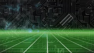 Yeşil şebeke düzlemi, açıldıktan sonra devrenin içinde titreşen tarayıcı parıltısıyla ufka doğru uzanıyor. Gelecek, teknoloji, yenilik, dijital, siber, soyut, bağlantı