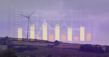Kırsal rüzgar türbininin değişen bar çizelgeleriyle örtüşmesi analizler için değerleri güncelliyor. Peyzaj, yenilenebilir, teknoloji, veri görselleştirme, çevre, kırsal, bilgi