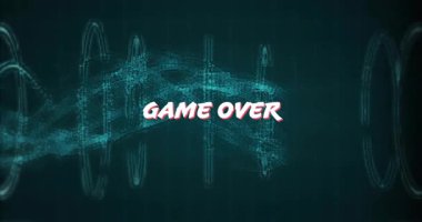 Kamera geri çekilirken mavi halkalı oyun üzerinden metin ve veri görselleri için dalga biçimi görülüyor. Gelecek, teknoloji, dijital, sanal, neon, animasyon, arayüz