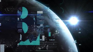 Güneş parlamasıyla tetiklenen, Dünya 'nın etrafında dönen ve küresel veri eğilimlerini aktaran grafikler ortaya çıkıyor. Alan, veri görselleştirme, analitik, bilgi grafikleri, teknoloji, dijital, fütüristik