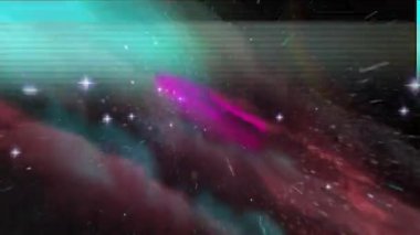 Pembe nebula ile başlayan ışıldayan uzay, altı köşeli yıldızın yükseldiği, deniz mavisi sisli altın parlaklığın ortasında. Kozmos, galaksi, astral, nebula, aydınlatma, keşif, bilim kurgu