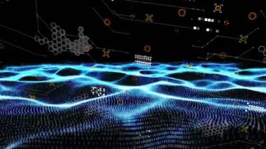 Neon-mavi dalga yükselen ikili haneli rakamları başlatan, şekillendiren, somutlaştıran, görselleştiren ağlar. Soyut, teknoloji, sibernetik, fütürist, ağ, dijital, veri görselleştirme