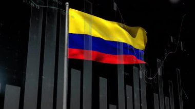 Kolombiya bayrağı dalgalanıyor, rüzgâr altında dalgalanırken barlar titreşiyor, piyasa eğilimlerini gösteriyor. Vatanseverlik, finans, veri, hareket, dijital, modern, soyut
