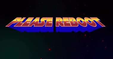 Gökkuşağı parçacıkları yeniden başlatma akışını gösterirken 3B blok metin lütfen boşluk içinde yeniden başlat. Fütürist, dijital, soyut, neon, görselleştirme, teknoloji, yenilik