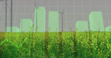 Türbinlerin yeşil çizelgelerde yükseldiği alan görüntüsünden sonra enerji eğilimlerini gösteren çizgi grafiği. Yenilenebilir, sürdürülebilirlik, enerji, veri, teknoloji, çevre, çevre dostu