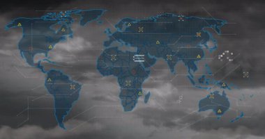 Başlangıçta dijital dünya haritası somutlaştırılıyor, uyarı üçgenleri açılıyor, büyü kümeleri verileri görselleştiriyor. Küresel izleme, veri görselleştirme, ağ bağlantısı, bilgi teknolojisi, siber güvenlik, dijital arayüz, bulut hesaplama