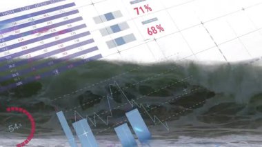 Okyanus dalgası yükselmesi veri örtülerine ve grafiklerin yukarı kaymasına neden oluyor, analitik seli gösteriyor. Fırtına, türbülans, yüksek teknoloji, dijital, hava durumu, analitik, iklim