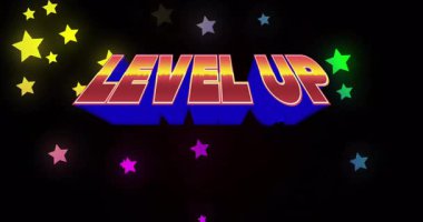 3D LEVEL UP metin patlaması, kırmızı gradyana kayarken yıldızlar ilerlemeyi kutluyor. Neon, dinamik, fütüristik, kutlama, başarı, canlı, dijital