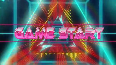 Nokta matris tünel darbesi, üç boyutlu oyun Başlat metni soluyor, parlıyor, dönüşümlü sinyal oyunu başlıyor. Dijital, fütüristik, neon, soyut, sanal, dinamik, dalgın