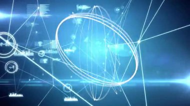 Parlayan kablo küre ile, halkalar yörüngede ve düğümler dijital ağa bağlanıyor. Futuristik, teknoloji, veri, ağ, dijital, sanal, arayüz