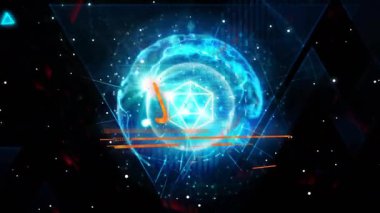 Dönen dijital küre DPT 'yi ortaya çıkaran üçgen kaymasına neden oluyor sonra da DANGER darbesine dönüşüyor. Fütürist, teknoloji, uyarı, uyarı, dijital arayüz, yüksek teknoloji, veri görselleştirme