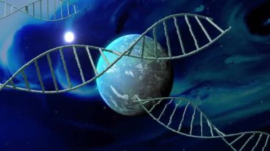 Sahne 3 boyutlu başlıyor. DNA sarmalı ikinci bir iplikte sürükleniyor. Gezegenin etrafında genetik tasvirler yapıyor. Kozmos, fütüristik, soyut, biyoteknoloji, dijital sanat, yenilik, bilim
