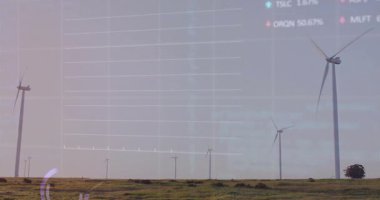 Türbinlerin üzerinden görünen başlangıç ızgarasında, güç eğilimlerini gösteren çember çizelgeleri var. Yenilenebilir, sürdürülebilirlik, analitik, veri görselleştirme, teknoloji, çevre dostu, dijital