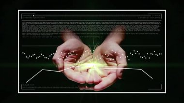 Siyah ekran başlıyor, avuçlanmış eller parlayan filizleri tutuyor ağ titreşim ölçümleri üzerinde büyüyor. Büyüme, teknoloji, yenilik, dijital, sürdürülebilirlik, görselleştirme, veri görselleştirme