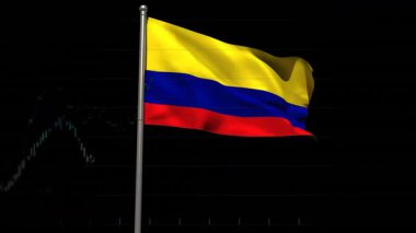 Başlangıçta Kolombiya bayrağı dalgalanması, 3 boyutlu şamdan şeması yükselen eğilimleri gösteriyor. Ulusal amblem, finansal görselleştirme, veri analizleri, dijital ekonomi, kurumsal markalaşma, modern tasarım, finansal büyüme