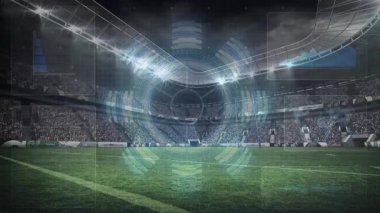 Rugby sahasında HUD kaplaması, top taşıyıcı koşusu, analitik sporlar için defans oyuncusu. Spor, veri görselleştirme, rekabet, çeviklik, teknoloji, eğitim, dinamik