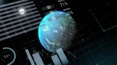 Veri beslemesi başladıktan sonra, 3D dünya istatistikleri görselleştiren kaydırma göstergeleri, grafikler ve haritalar alır. Fütürist, dijital, analitik, teknoloji, görselleştirme, küresel, dalgın